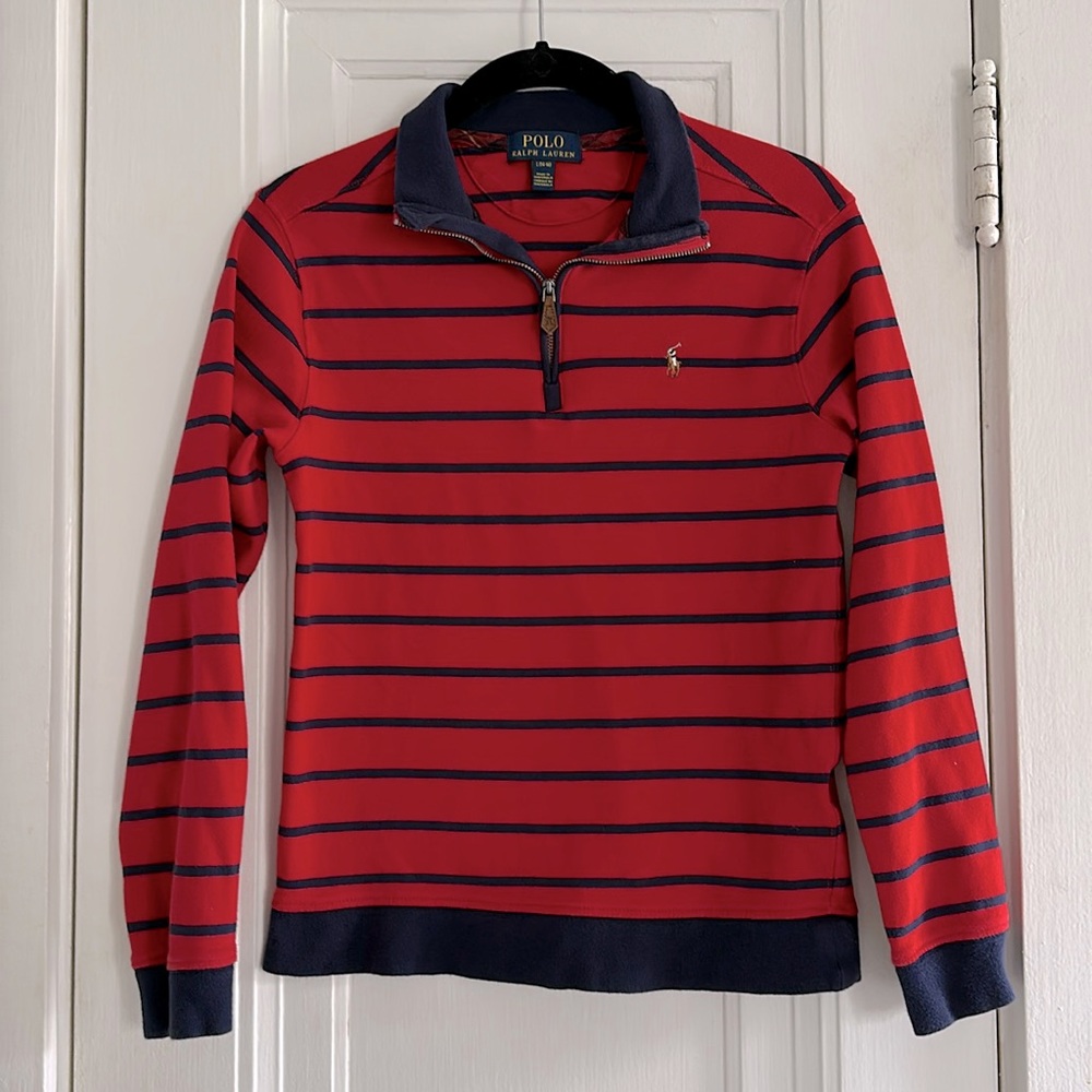 Boys Polo Ralph Lauren Quarter Zip Pullover Red w/ Navy Stripes - Large 14 16